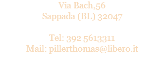 Via Bach,56
Sappada (BL) 32047 Tel: 392 5613311
Mail: pillerthomas@libero.it
