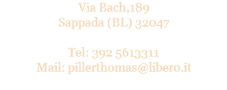 Via Bach,189
Sappada (BL) 32047 Tel: 392 5613311
Mail: pillerthomas@libero.it
