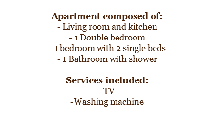 
Apartment composed of:
- Living room and kitchen
- 1 Double bedroom
- 1 bedroom with 2 single beds
- 1 Bathroom with shower Services included:
-TV
-Washing machine 