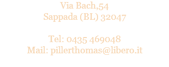 Via Bach,54
Sappada (BL) 32047 Tel: 0435 469048
Mail: pillerthomas@libero.it
